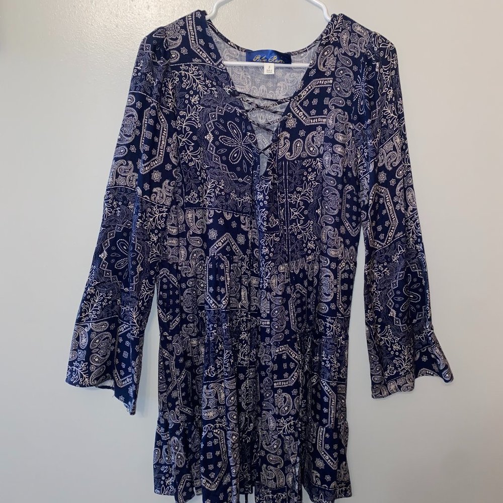 Francesca's | Bohemian Blue Dress with White Print